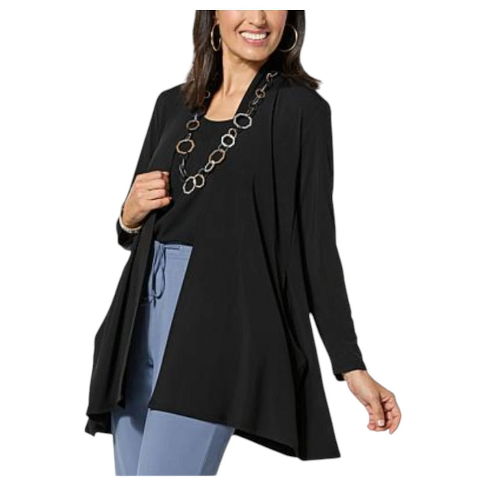 WynneLayers Women's Matte Jersey Cardigan with Draped Pockets Black - Regular